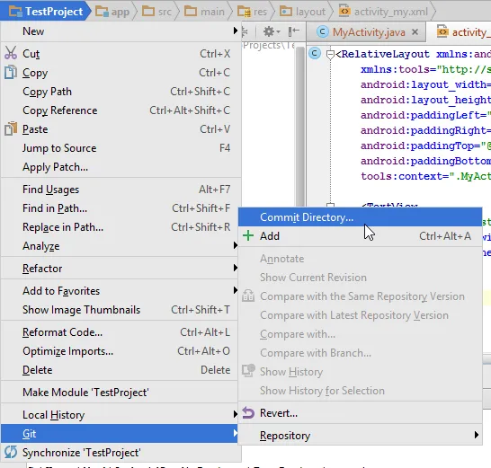 Android Studio "Commit Directory" option