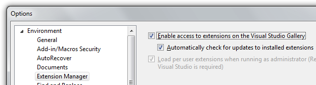 Visual Studio Options - Automatically check for Package Updates