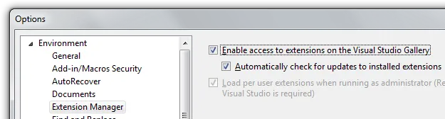 Visual Studio Options - Automatically check for Package Updates