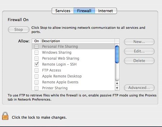 Configuration screen for Mac OS X firewall which is a graphical interface for the underlying UNIX software firewall called ipfirewall.