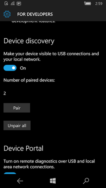 Device discover on in UWP Mobile settings