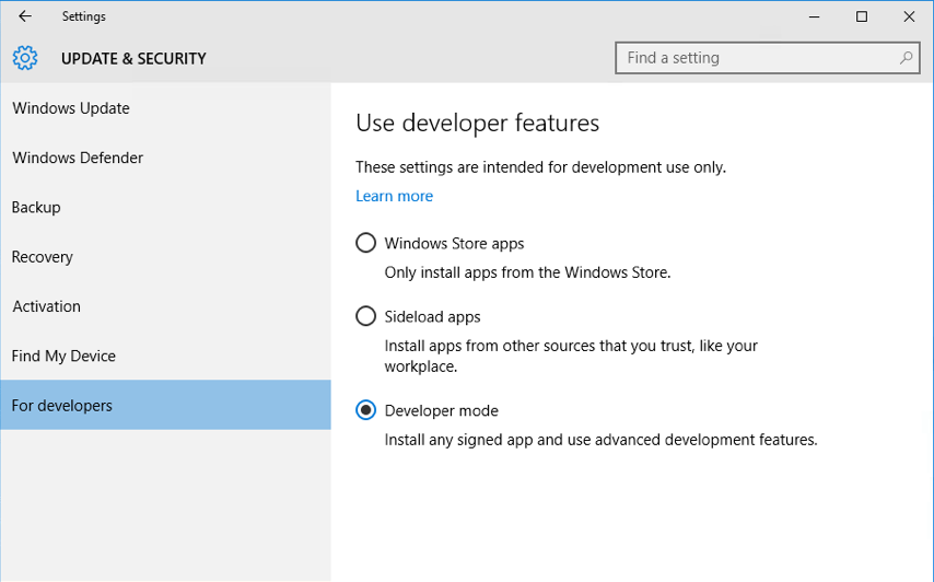 UWP Windows 10 Developer Mode