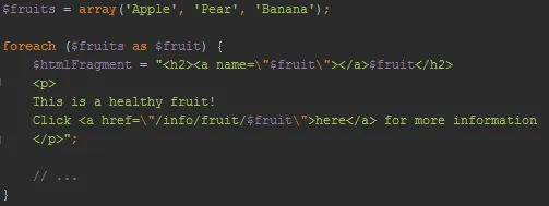 PhpStorm IDE PHP code 插入一段HTML代码，其中有部分PHP变量和转义字符串。