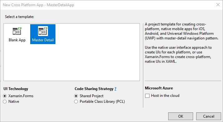 Shows a File -> New Project for a mobile app in Visual Studio.