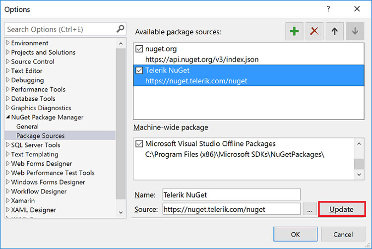 Adding the Telerik NuGet source in Visual Studio.