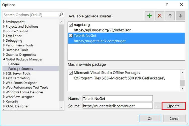 Adding the Telerik NuGet source in Visual Studio.