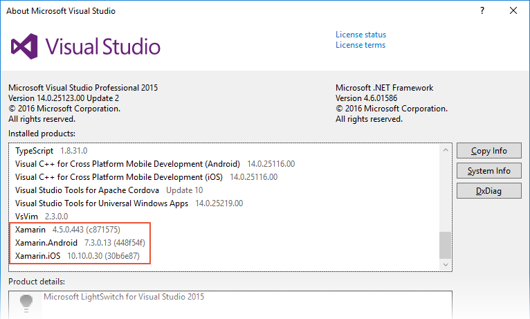 Visual Studio installed products screen