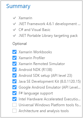 Summary panel listing Xamarin options to install