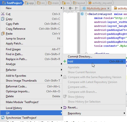 Android Studio "Git > Add" option