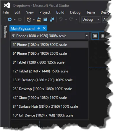 Visual Studio 2015 device preview toolbar