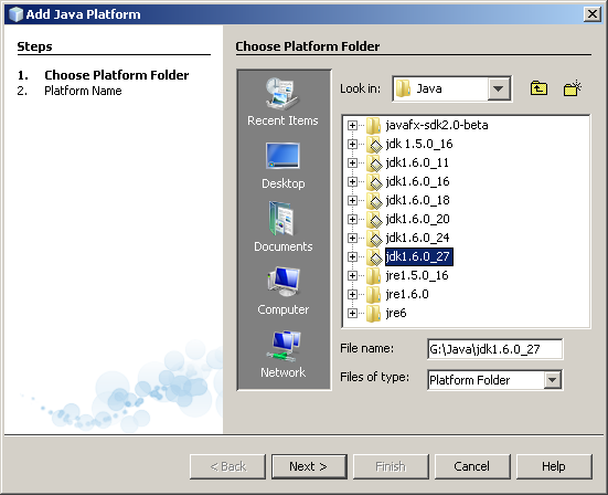 Choose Java Platform panel of Add Java Platform wizard, showing available platforms