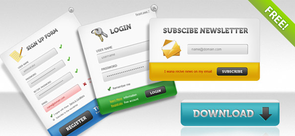 UI PSD Pack  Sign up forms, login panels, subscribe forms + download buttons
