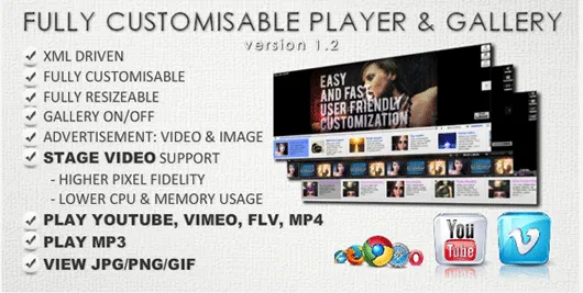  Customisable Youtube/Vimeo/FLV/MP3/Image Gallery 