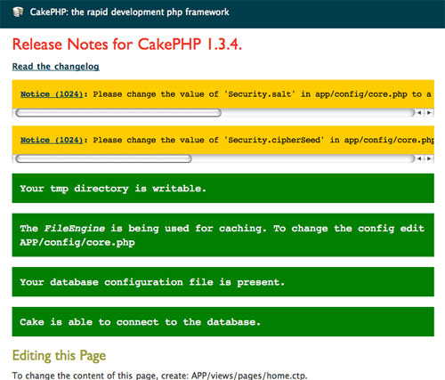 CakePHP 默认主页改为显示数据库配置的状态