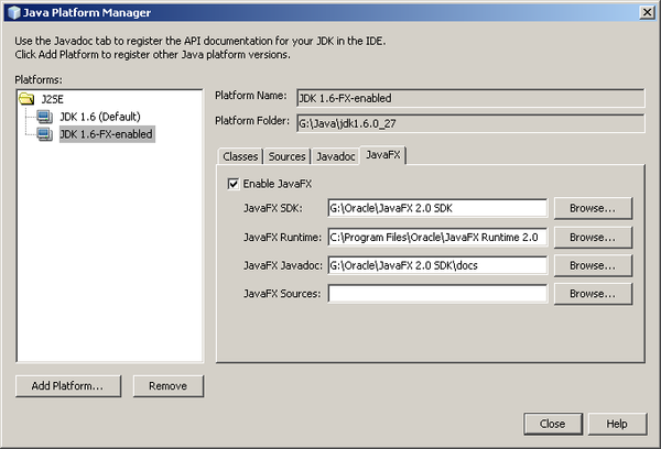 Completed Java Platform Manager showing valid JavaFX 2.0 directories