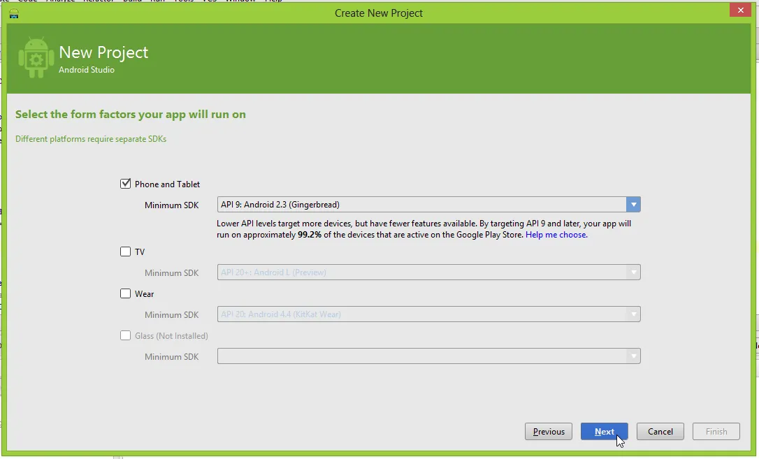 Android Studio "Select the form factors your app will run on" screen