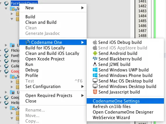 Codename One Settings menu in Netbeans