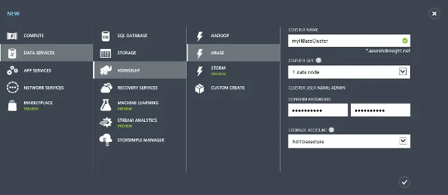 Choosing and HBase cluster type and entering cluster login credentials.