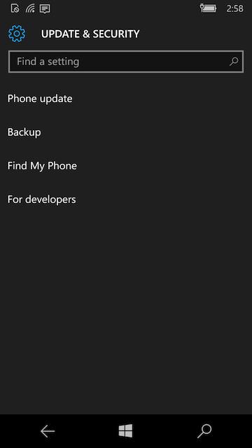 Updates & Security in UWP Mobile settings