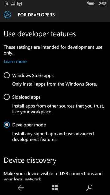 Developer mode in UWP Mobile settings