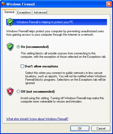 Configuration screen for Windows Firewall in Windows XP Service Pack 2.
