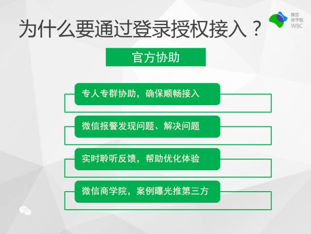 为什么要通过登录授权接入？会得到官方协助！