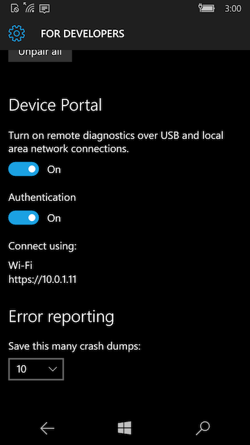 Device Portal in UWP Mobile settings