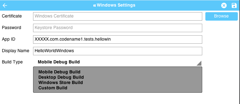 Windows panel of Codename One Settings