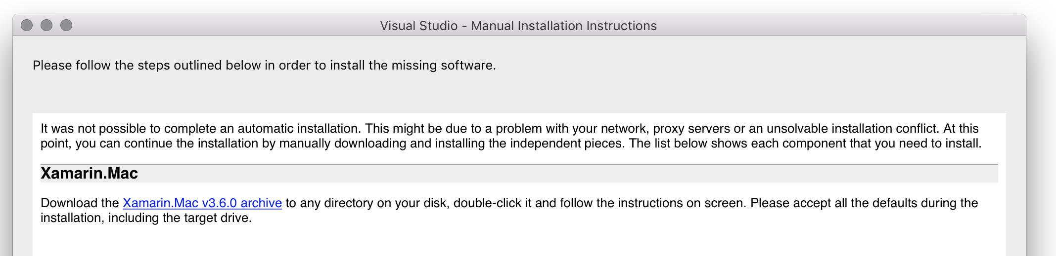 Manual installation dialog