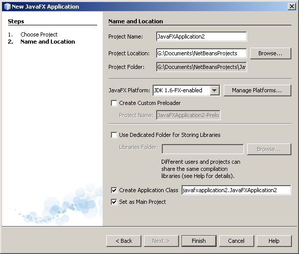 New JavaFX Application wizard with manually-created JavaFX platform selected