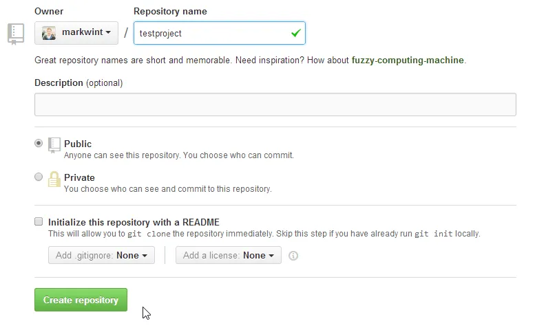 GitHub create new repository form